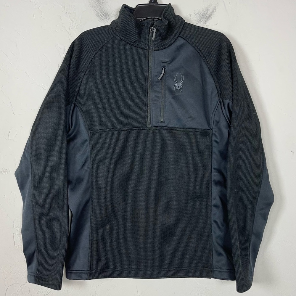 Spyder Jacket Pullover Sweater Gait Half Zip Solid Black Waffle Knit Fleece Logo